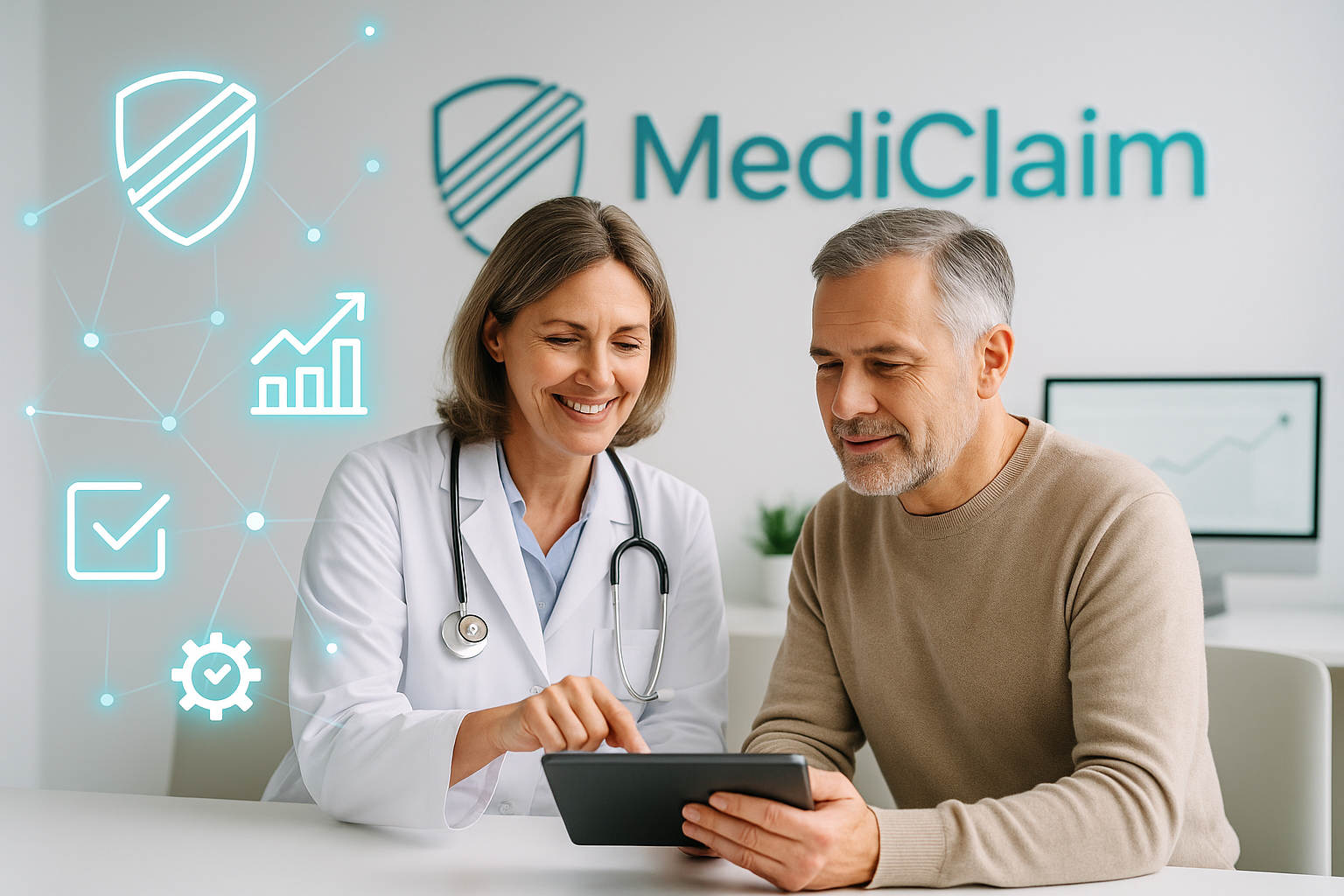 Arzt und Patientin arbeiten gemeinsam mit MediClaim Tablet